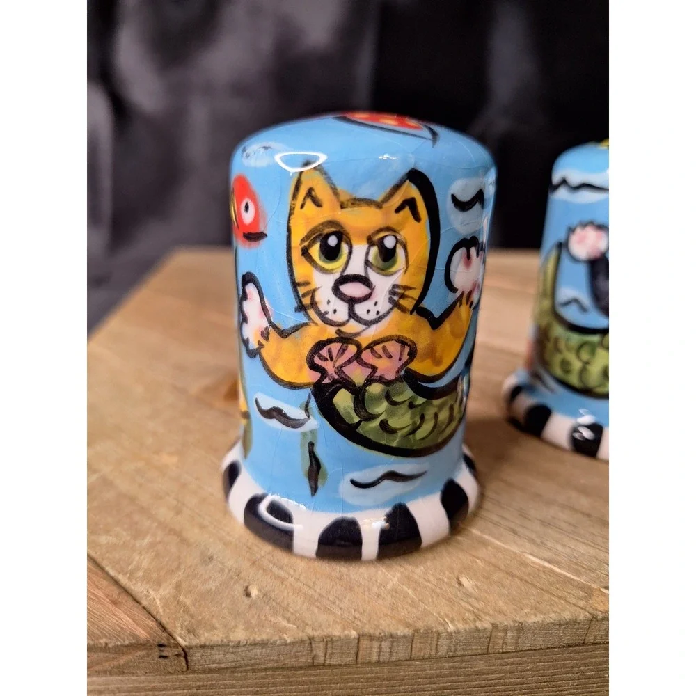 Hand Painted Ceramic Purrmaid Cat Mermaid Salt and Pepper Shakers Under the Sea